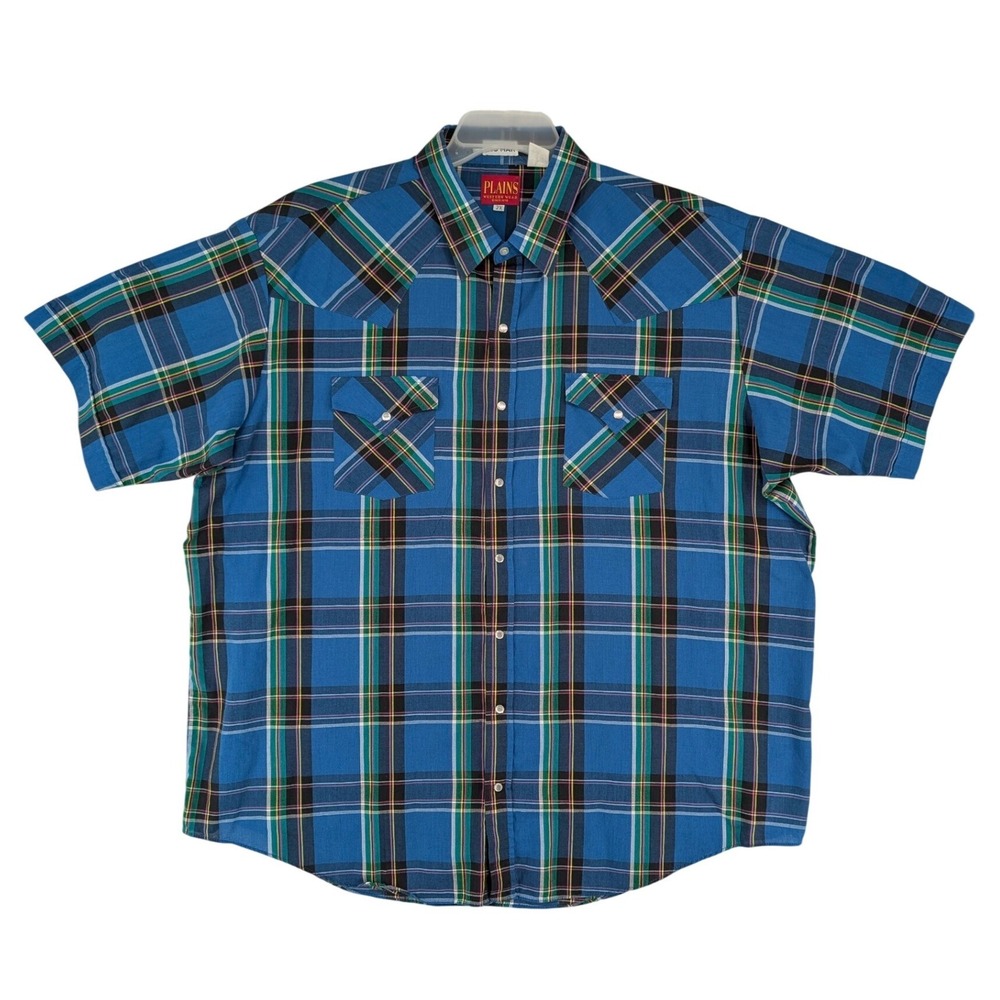 Vintage Plains Western Wear Mens 2X‎ Big Man Blue Plaid SS Pearl Snap Shirt